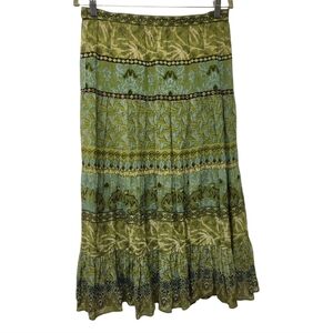 Vintage 90s bohemian Green and Yellow Tiered Midi Skirt